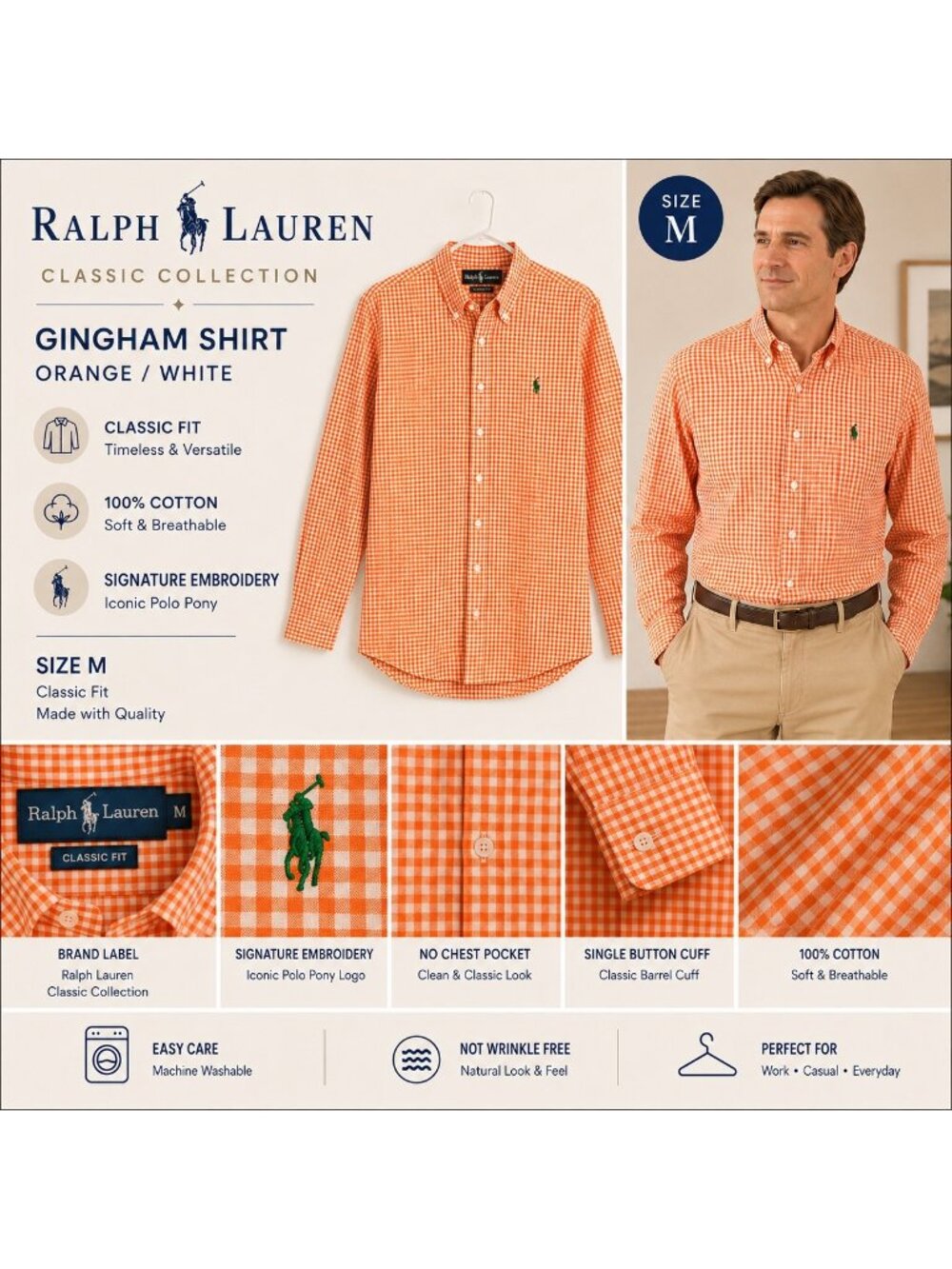 Ralph Lauren Mens Classic Fit Orange Gingham Button-Down Shirt M Preppy Academia